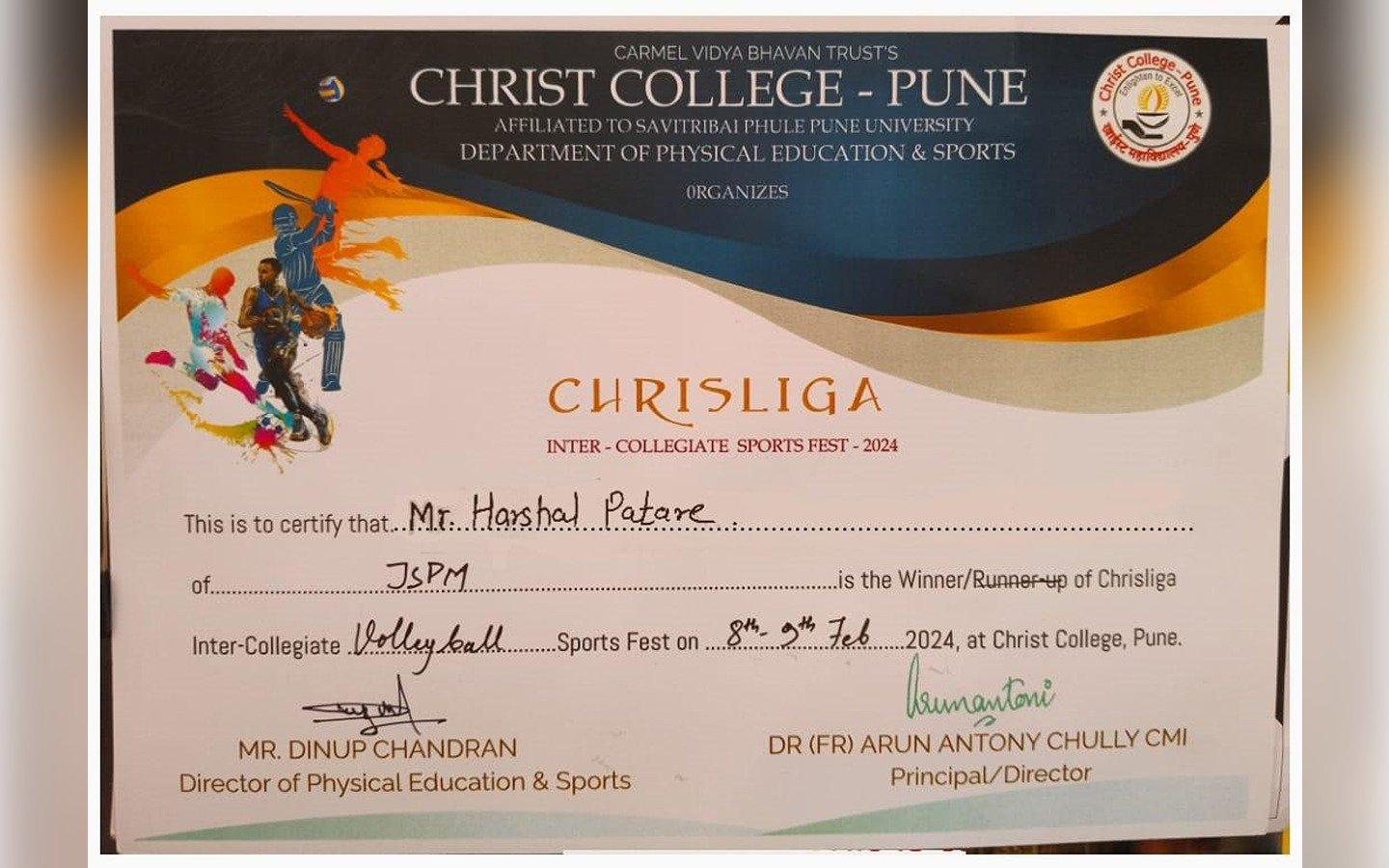 First Prize in Intercollegiate Sports Fest 2024-CRISLIGA